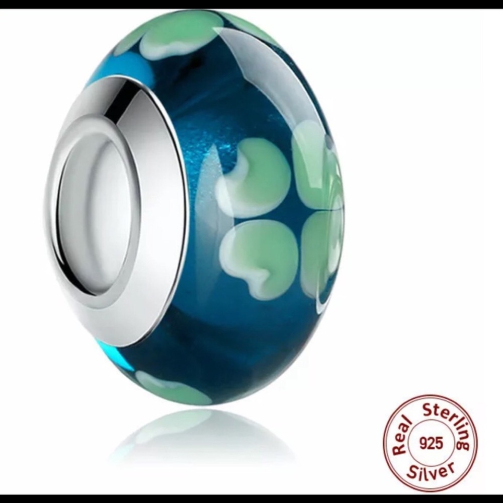 2pcs Silver European Murano GreenGlass Beads Charm